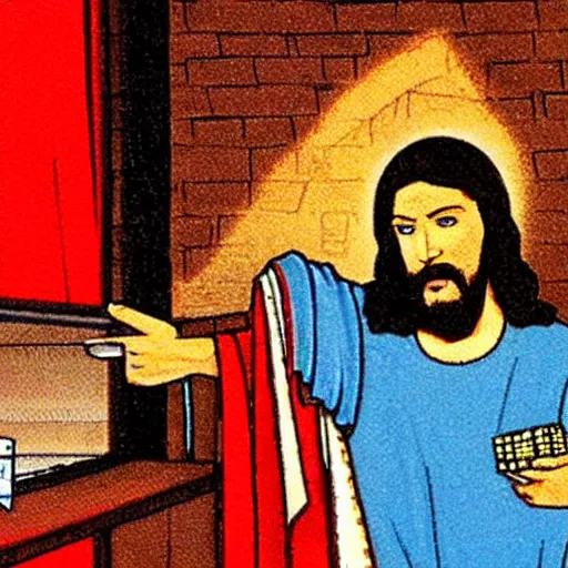 Prompt: cctv footage of jesus stealing a bar of chocolate from a store