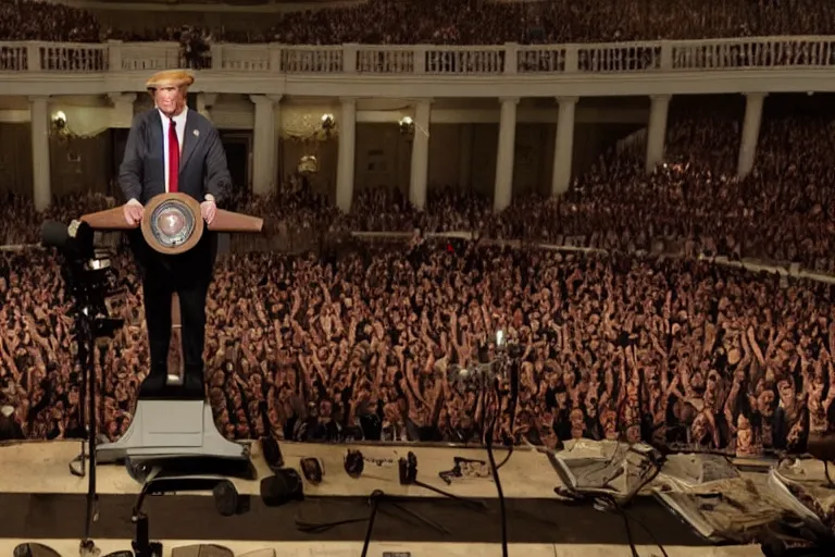 Image similar to vfx movie angry yelling pigman president of the united states speaking at podium on stage. by emmanuel lubezki