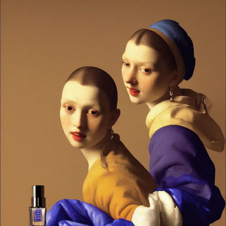 Image similar to portrait fragrance packshot by vermeer, highly detailed, saturated colors, fashion