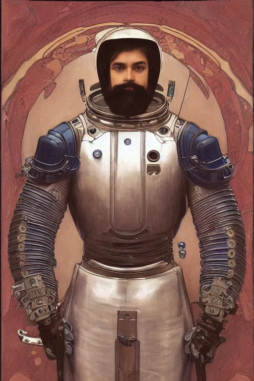 Image similar to a full body art nouveau portrait of a fully armored samurai astronaut bearded man, intricate, elegant, highly detailed, digital painting, artstation, concept art, smooth, sharp focus, illustration, art by John William Waterhouse and William Adolphe Bouguereau and Donato Giancola and Alphonse Mucha