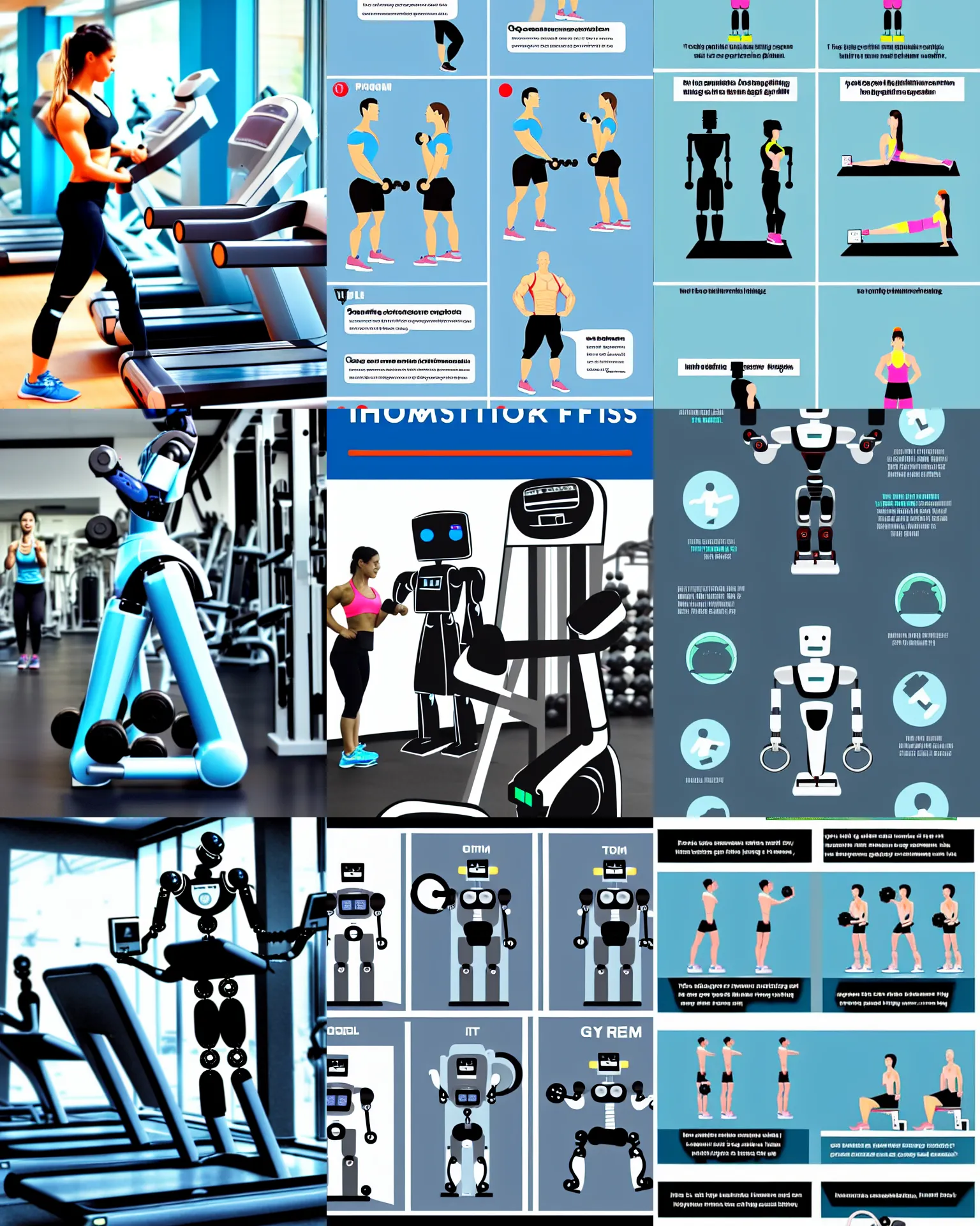 Prompt: instruction paper about, how a robot does fitness at gym, illustrated, how to,! dream