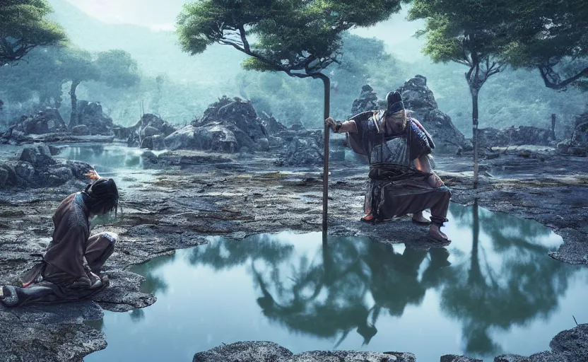 Image similar to highly detailed digital illustration of samurai kneeling in the blue puddle in old, ruined, japanese village from sengoku period, surrounded by dense rock formations, high in mountains, cinematic lighting, photobash, raytracing, volumetric lighting