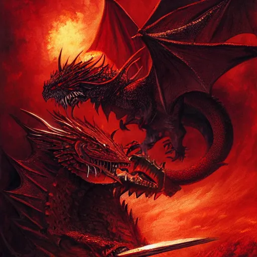 Image similar to epic fantasy painting of red dragon breathing fire towards knight, by john avon, by seb mckinnon, high detail, fantasy battle, by jeff miracola