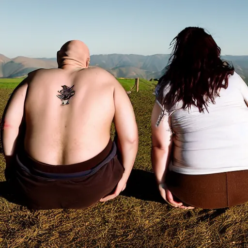 Prompt: portrait of a young fat bald white male tattoos and his young white female brown hair wife with tattoos. male is wearing a white t - shirt, tan shorts, white long socks. female is has long brown hair and a lot of tattoos. photo taken from behind them overlooking the field with a goat pen. rolling hills in the background of california and a partly cloudy sky