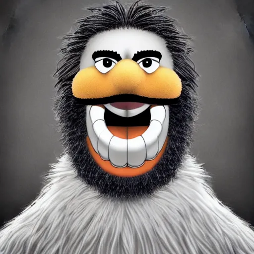 Image similar to a still of a forgotten muppet character looking very manly and modern, hilarious, laughing, hairy chest, huge chin, manly monster tough guy, roughled fur, photo real, photographic, photograph, artstation, trending, featured