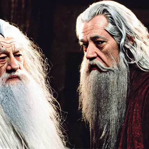 Prompt: gandalf and dumbledore fighting in fight club