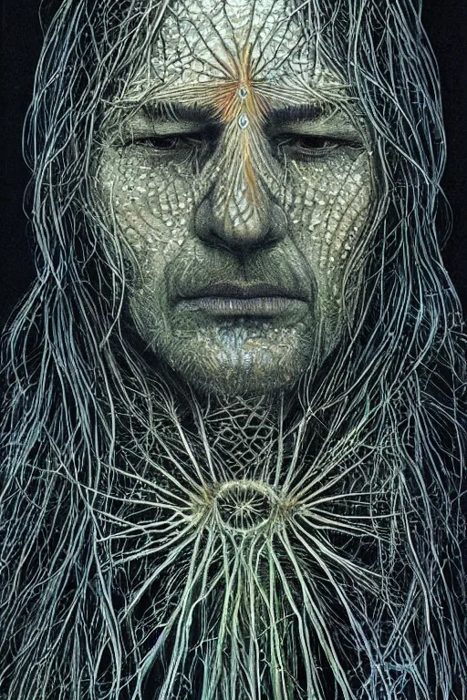 Image similar to beautiful dark portrait of one Bioluminescent old shaman, with cracked fractal semi-transparent skin. multicolored fish scales, closeup. long hair full of insects and plant leaves. at night, realistic. intricate, very detailed, by alex grey and Moebius