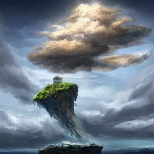 Prompt: a flying island in the sky, clouds background, a giant rock in the sky, epic fantasy style art, fantasy epic digital art