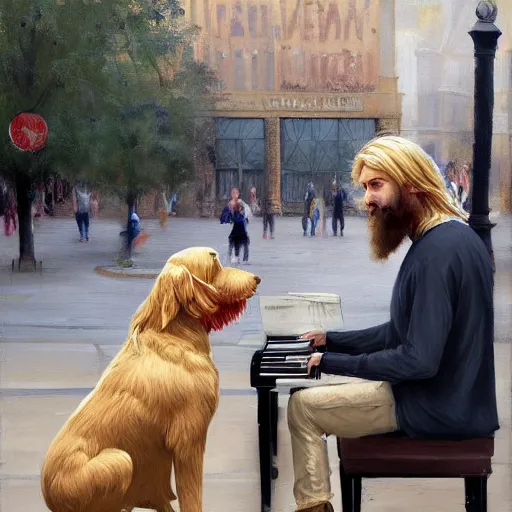 Image similar to oil painting of a young man with long hair blond and a beard hippie style with his golden retrever dog playing piano in the square for money, people watching around, by greg rutkowski, artstation