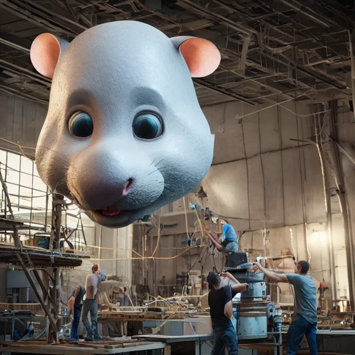 Prompt: crew of humans building giant mouse head in workshop, octane render, 4 k ultra hd, hyper - detailed, realistic, sharp focus, in style of beeple