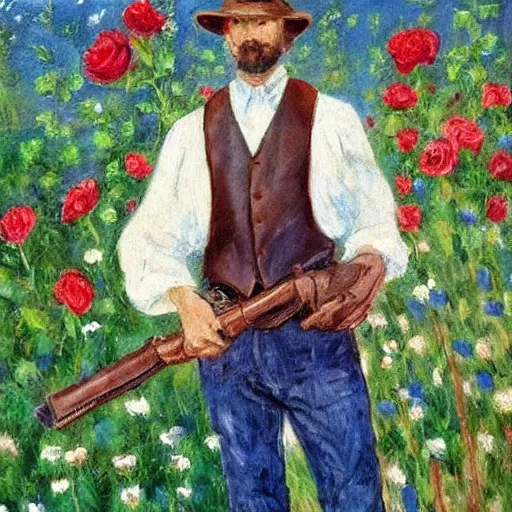 Image similar to an impressionist painting of a tall man with blue eyes and brown hair that is wearing a wide brim leather hat and a leather vest. He is holding a revolver in his left hand and a ((((red rose is in his right hand))))!!!!!!!!!!!, He is standing in a field of roses, Blue sky in the background, trending on artstation