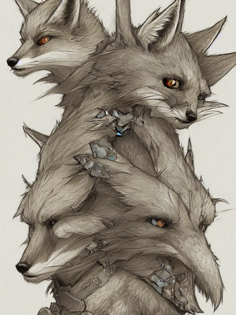 Image similar to heroic character design of anthropomorphic fox, whimsical fox, portrait, holy crusader medieval, final fantasy tactics character design, character art, whimsical, lighthearted, colorized pencil sketch, highly detailed, Akihiko Yoshida