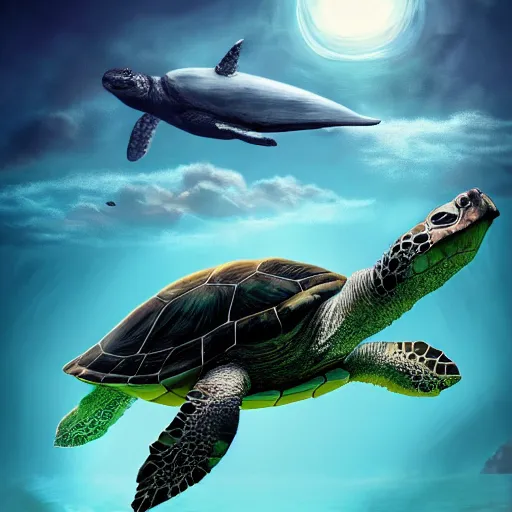 Image similar to a photograph of a turtle riding on a whale, 8 k resolution, trending on artstation, mystical, fantasy,