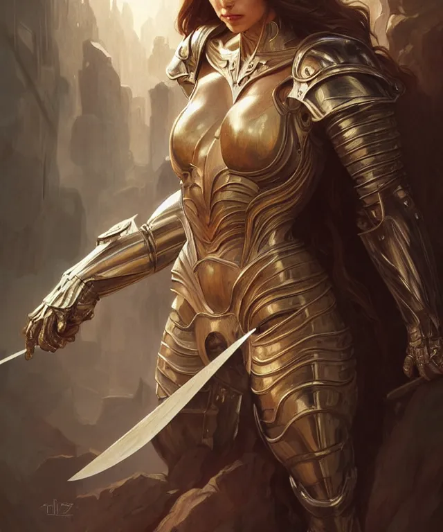 Image similar to Muscular and powerful medieval knight woman portrait, sci-fi, amber eyes, face, long hair, fantasy, intricate, elegant, highly detailed, digital painting, artstation, concept art, smooth, sharp focus, illustration, art by artgerm and greg rutkowski and alphonse mucha