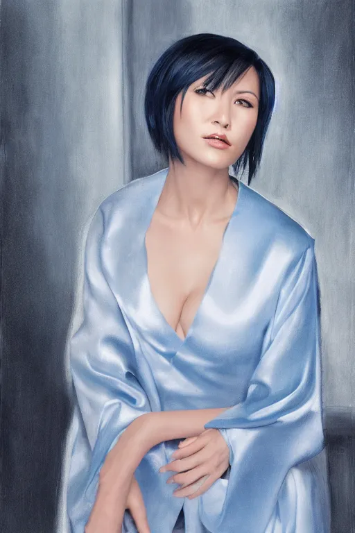 Image similar to hyperrealism close - portrait of ada wong, wearing silver silk robe, blue palette