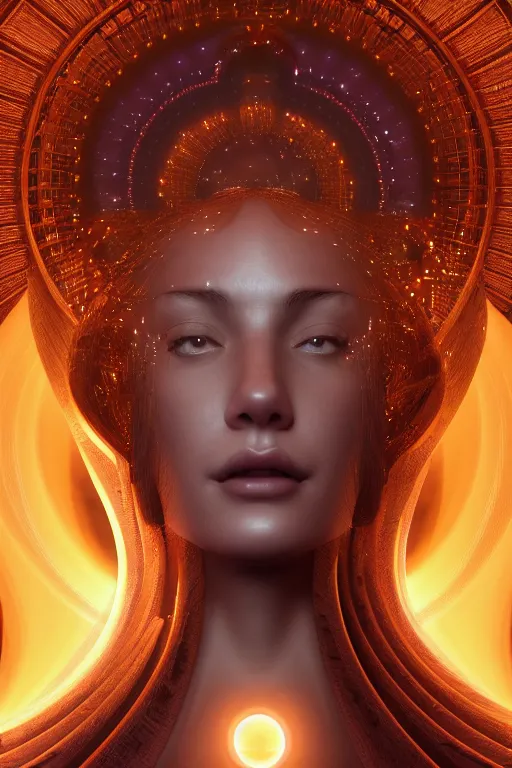 Image similar to a centered render of a goddess emitting a glorious energy from a circular portal on her head and is surrounded by spiral mandel bulb fractals, powerful, cinematic, beautifully lit, by artgerm, by karol bak, 3 d, trending on artstation, octane render, 8 k