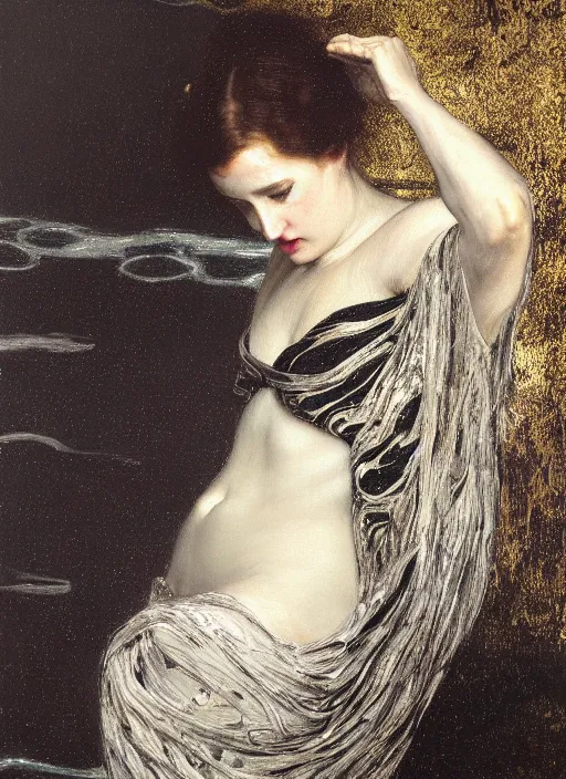 Image similar to highly detailed oil painting | very intricate | cinematic lighting | black, white and gold color scheme, dark background | a woman in lake ; water spirit ; slavic mythology | by roberto ferri, by gustav moreau, by singer sargent and gustav klimt, american romanticism, occult art | by austin osman spare, artstation, cgsociety, official art, octane