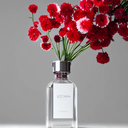 Image similar to perfume bottle sitting on a white surface surrounded by a plethora of red and white flowers, bright white realistic, up close shot, white background, zen, light, modern minimalist f 2 0