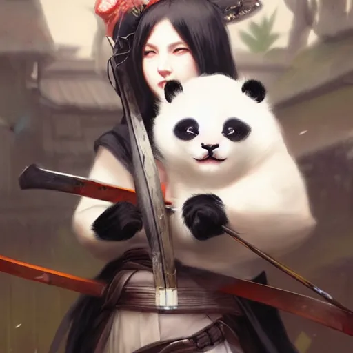 Image similar to cute kitten with panda body and cat face, in a kimono, holds a sword, artwork by greg rutkowski, highly detailed, matte painting, magic the gathering 4 k