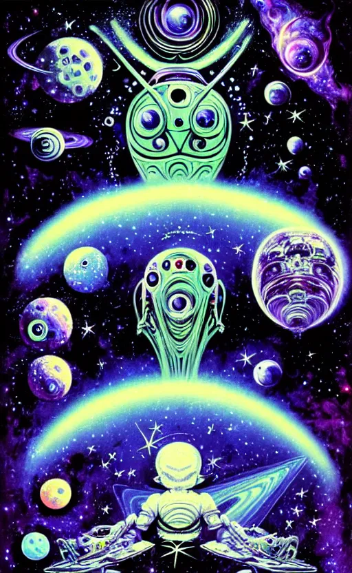 Image similar to trippy aliens, enchanted cosmic galaxy, stars in the sky, space ship, psychedelic, wide angle shot, white background, vector art, illustration by frank frazetta and salvador dali