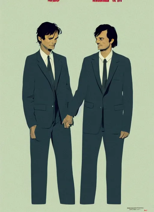 Image similar to Twin Peaks portrait of Mads Mikkelsen and Hugh Dancy holding hands romantically as they chaperone school dance by Michael Whelan, Bob Larkin and Tomer Hanuka, simple illustration, domestic, nostalgic, clean, Matte painting, trending on artstation and unreal engine, New Yorker magazine cover, 1980s romance book cover