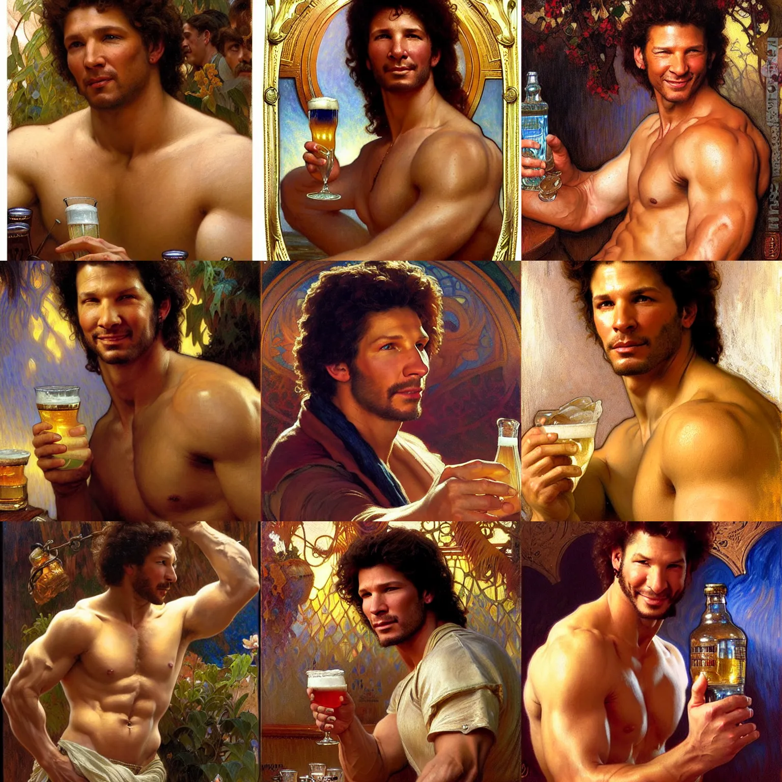 Prompt: attractive muscular neil breen goes to a pub together to have some drinks. highly detailed painting by gaston bussiere, craig mullins, j. c. leyendecker, alphonse mucha 8 k