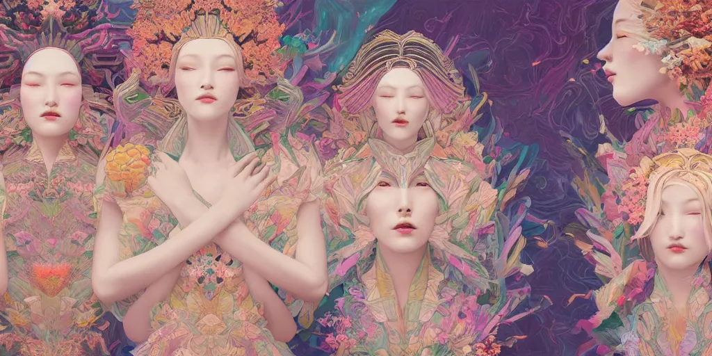 Image similar to breathtaking detailed concept art painting kaleidoscope art deco pattern of blonde faces goddesses amalmation flowers, by hsiao - ron cheng, bizarre compositions, exquisite detail, extremely moody lighting, 8 k