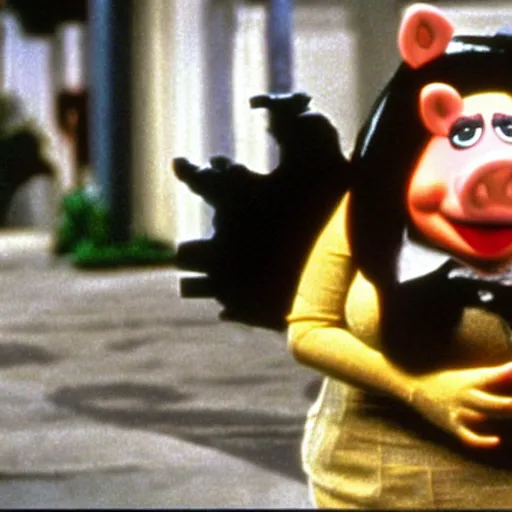 Image similar to movie still of miss piggy starring as trinity in the matrix 1 9 9 9 movie