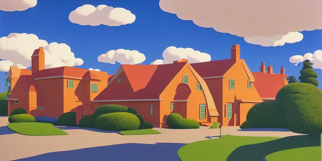 Image similar to homer simpson andthe simpsons house clouds, blue sky, summer evening, kenton nelson