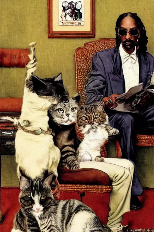 Image similar to snoop dogg and his cats painted by norman rockwell