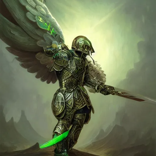 Prompt: armored angel knight in Phthalo metallic green armor with knight helmet, inhumanly thin limbs wielding a sword and shield, fallen angel Barthin by Peter Mohrbacher, otherworldly, octane rendered, fantasy, heavenly