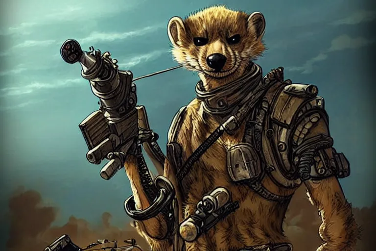 Image similar to a good ol'weasel fursona ( from the furry fandom ), heavily armed and armored facing down armageddon in a dark and gritty version from the makers of mad max : fury road. witness me.