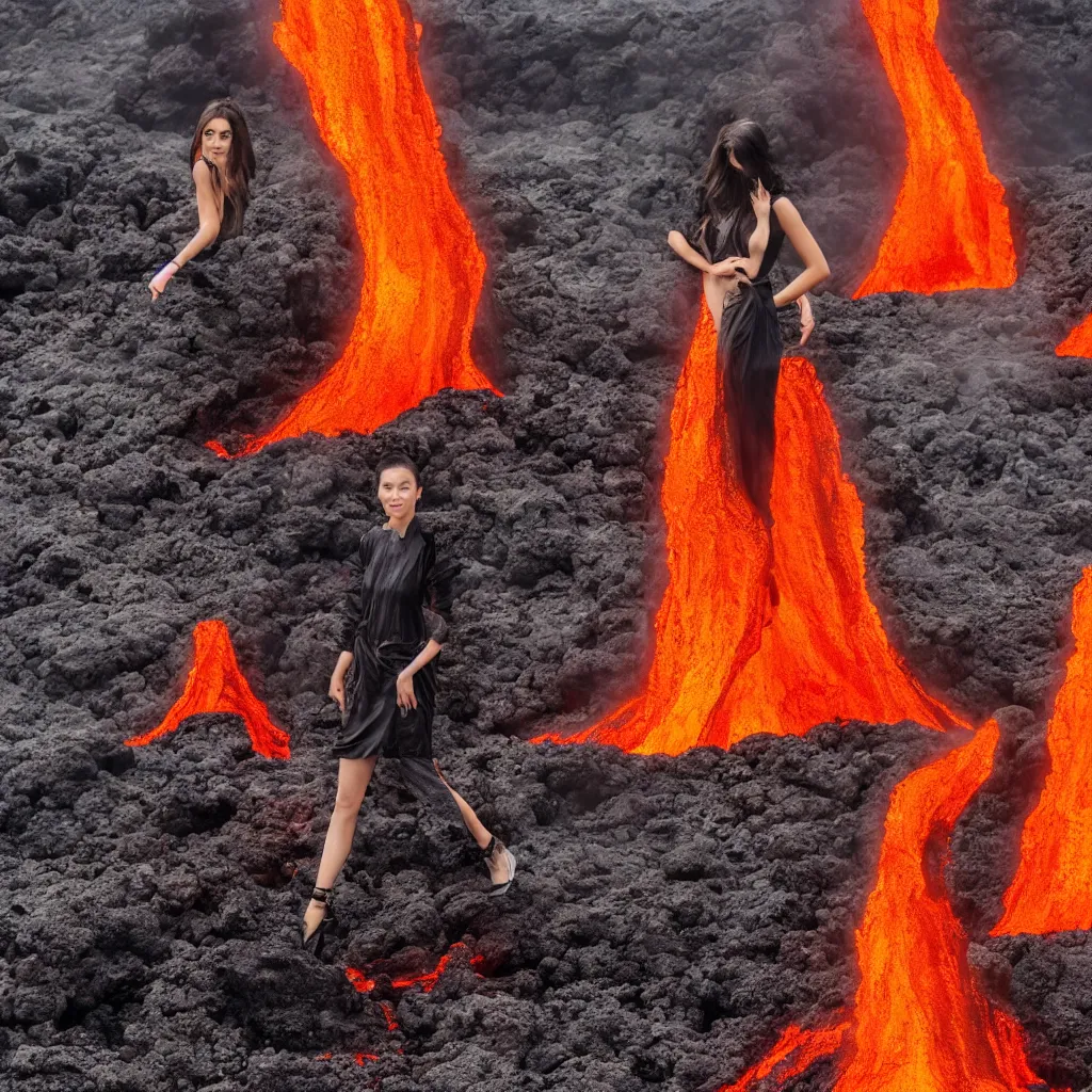 Image similar to fashion portrait in erupting volcano lava. wide angle shot. highly detailed.