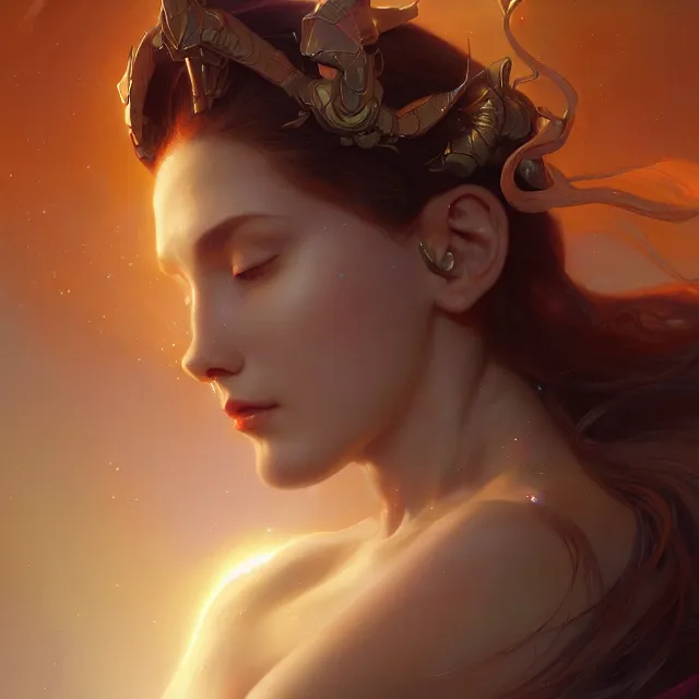 Prompt: close up portrait of a beautiful ethereal astral goddess, glowing skin, glowing chrome armor, subsurface scattering, artistic, art by artgerm, greg rutkowski and alphonse mucha, artstation, octane render,