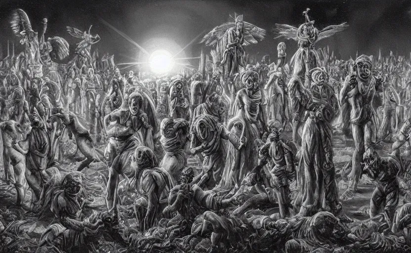 Prompt: weeping angels battle an army of robots in graveyard at night, by boris vallejo