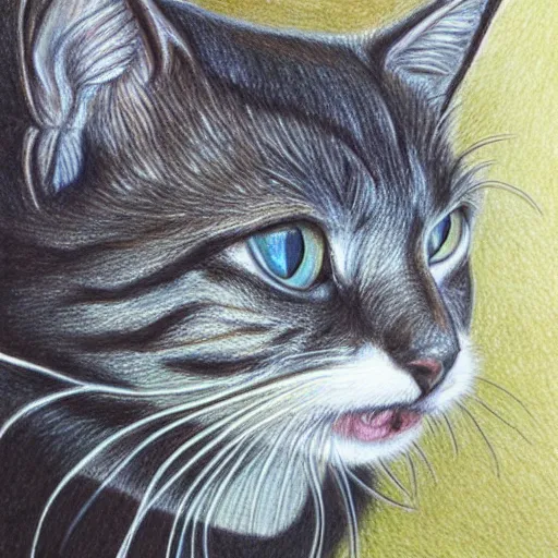 Prompt: cat, detailed colored pencil drawing