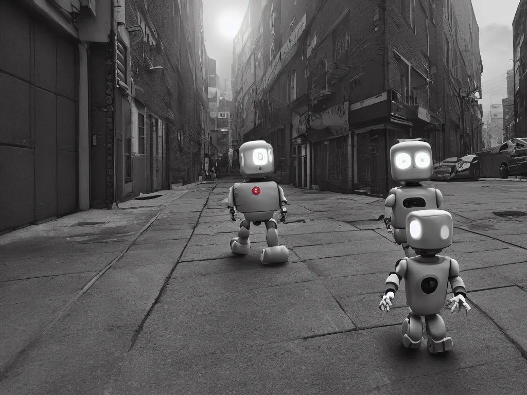 Image similar to a cartoon of a paranoid android on the run, around the corner ,down the alley of a big city with brick buildings and street lights. robot, crime noir, octane render, cinematic, dramatic