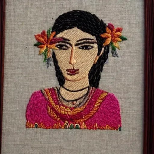 Prompt: a beautiful handmade embroidery of a woman. hand embroidery.