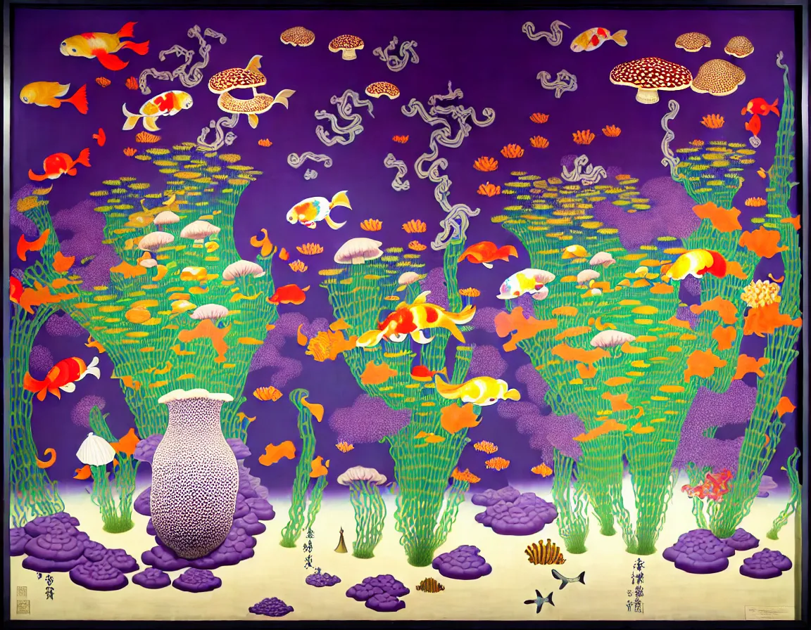 Image similar to vase of mushroom in the sky and under the sea decorated with a dense field of stylized scrolls that have opaque purple outlines, with koi fishes, ambrosius benson, kerry james marshall, afrofuturism, oil on canvas, history painting, hyperrealism, light color, no hard shadow, around the edges there are no objects