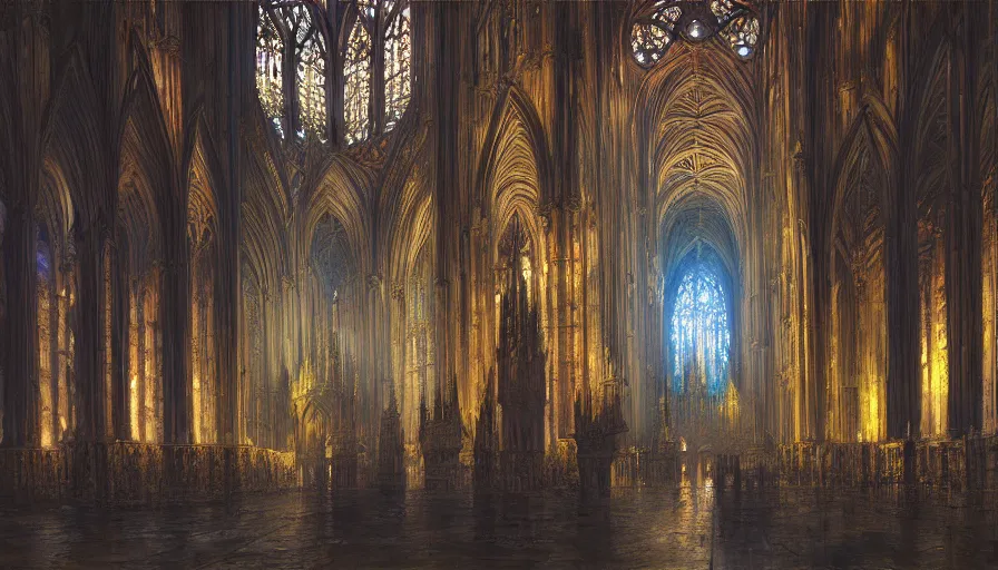 Image similar to atmospheric painting of a fractal gothic cathedral, by Marc Simonetti, oil on canvas, highly detailed, soft lighting