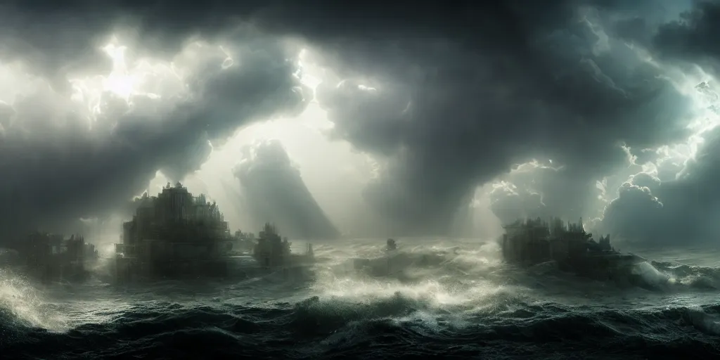 Image similar to a submerged city by james paick, extreme torrential stormy waves, hurricane, matte painting, god rays, 1 5 mm lens, early morning, dramatic lighting, cinematography, game environment design, cinematic, global illumination, highly detailed, bloom