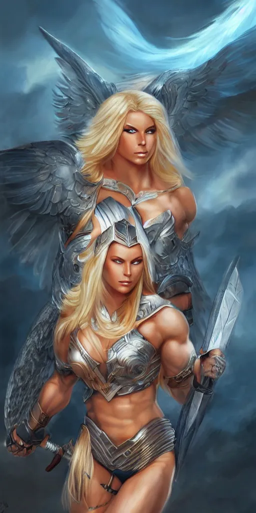 Image similar to painting of muscular and beautiful blonde valkyrie with long hair, fantasy art, full shot, atmospheric lightning, by artgerm