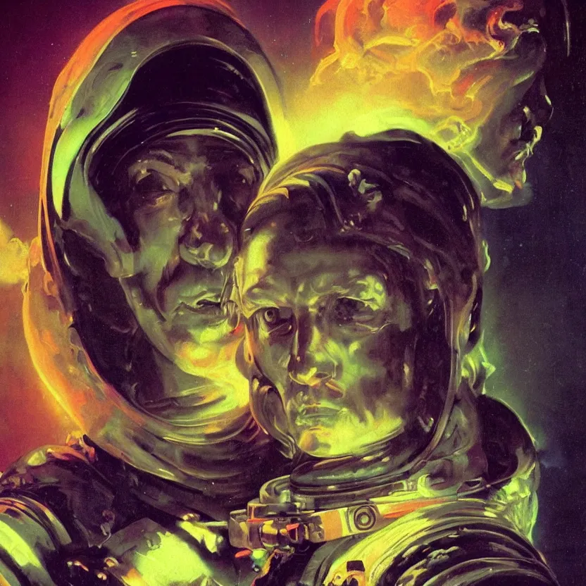 Prompt: a baroque neoclassicist close - up portrait of a colorful retrofuturistic blacklight uv astronaut wizard, glowing fog in the background. renaissance portrait painting. highly detailed science fiction painting by norman rockwell, frank frazetta, and syd mead. rich colors, high contrast, gloomy atmosphere, dark background. trending on artstation