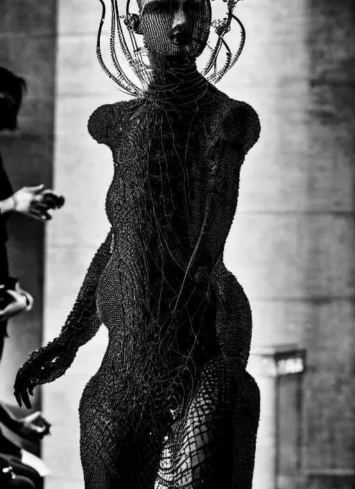 Image similar to walking down the catwalk, steven klein, show, stage, vogue photo, podium, fashion show photo, historical baroque dress, iris van herpen, beautiful woman, full body shot, masterpiece, intricate, wires, veins, jellyfishs, biopunk, guyver, highly detailed