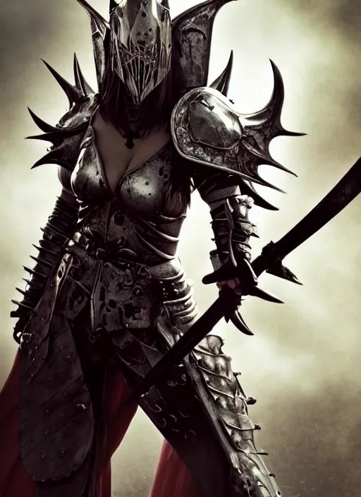 Image similar to fantasy visual, female vampire warrior, full body portrait, barefoot, no shoes, exposed toes, nail polish, black full plate armor, historical armor, realistic armor, muscular, covered chest, metal mask, giant two - handed sword dripping blood, flying, grinning, realistic, dungeons and dragons.