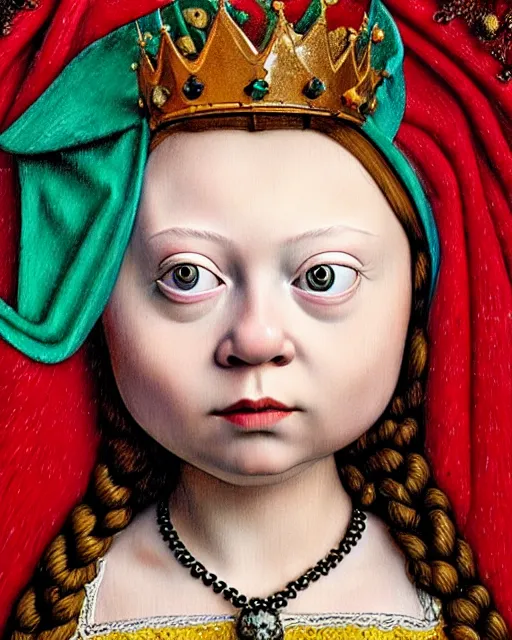 Prompt: closeup medieval jan van eyck face portrait of tin toy greta thunberg as a fairytale princess wearing a crown eating cakes in the castle, bikini, hyper realistic, artstation, illustration, nicoletta ceccoli, mark ryden, lostfish, max fleischer, digital paint, matte paint, vivid colors, bright, cheerful, detailed and intricate environment