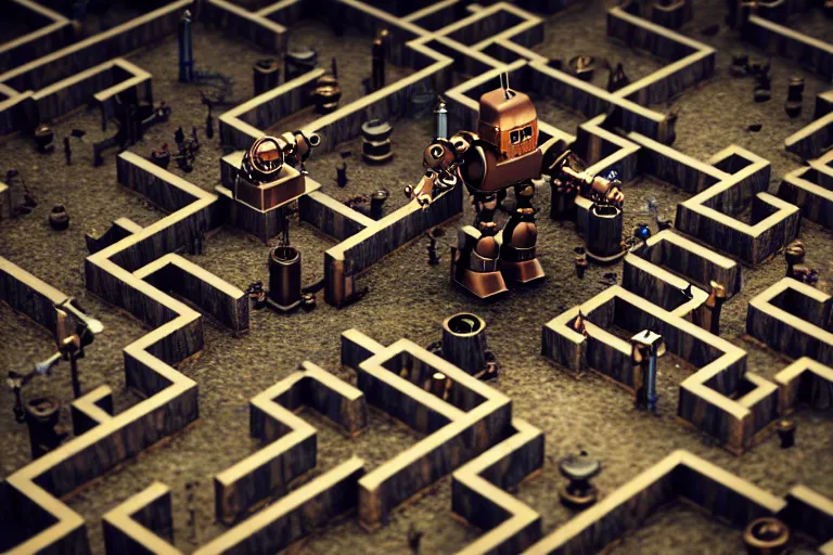 Prompt: a single steampunk robot in a maze by otto dix, tilt shift, ultra realistic, unreal engine, trending on artstation, 4 k