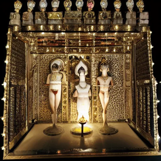 Image similar to The royal tomb, jewelpunk, each indiviual person is on display, posed as they were in life, encased forever in diamond, very beautiful, each body is lit from above. Princess Soraha, age 10