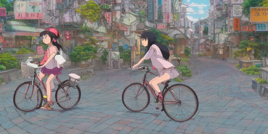 Image similar to anime girl riding bicycle in highly detailed japanese city, studio ghibli style, by hayao miyazaki, sharp focus, highly detailed, 4k