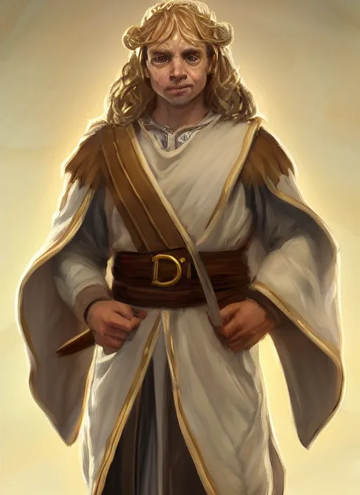 Image similar to symmetry!! oil painting digital art dungeons & dragons facial portrait of a halfling male cleric, white robe with gold accents, lponytail!!!, wry smirk, brown, gold and white cloak, necklace, elegant, highly detailed, digital painting, artstation, concept art, sharp focus, illustration, art by artgerm and greg rutkowski and alphonse mucha